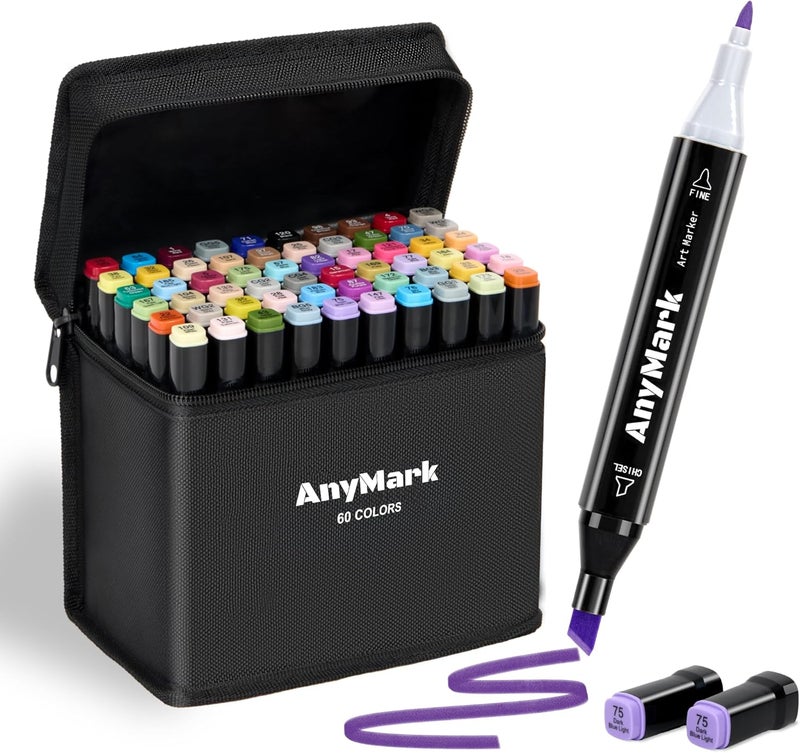 Anymark Alcohol Markers, 60 Colors Dual Tip Art Coloring Markers Set for Adult Book Drawing Sketching Painting, Chisel & Fine, Black Penholder - Image 1
